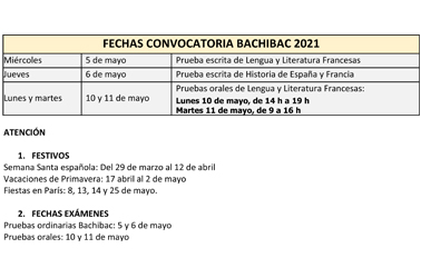 Calendario de las fechas de la convocatoria BachiBac 2021